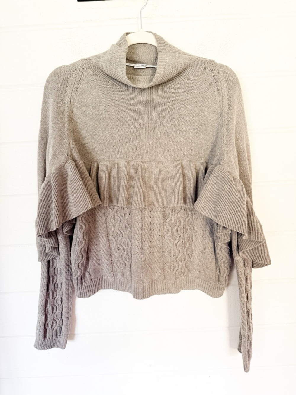 Project Naadam Gray Taupe Mock Neck Cable Knit Ruffle Sweater XS Oversized